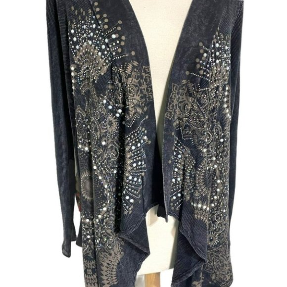 COPY - Vocal USA L distressed beaded black open draped cardigan with sheer arts… - Picture 2 of 8
